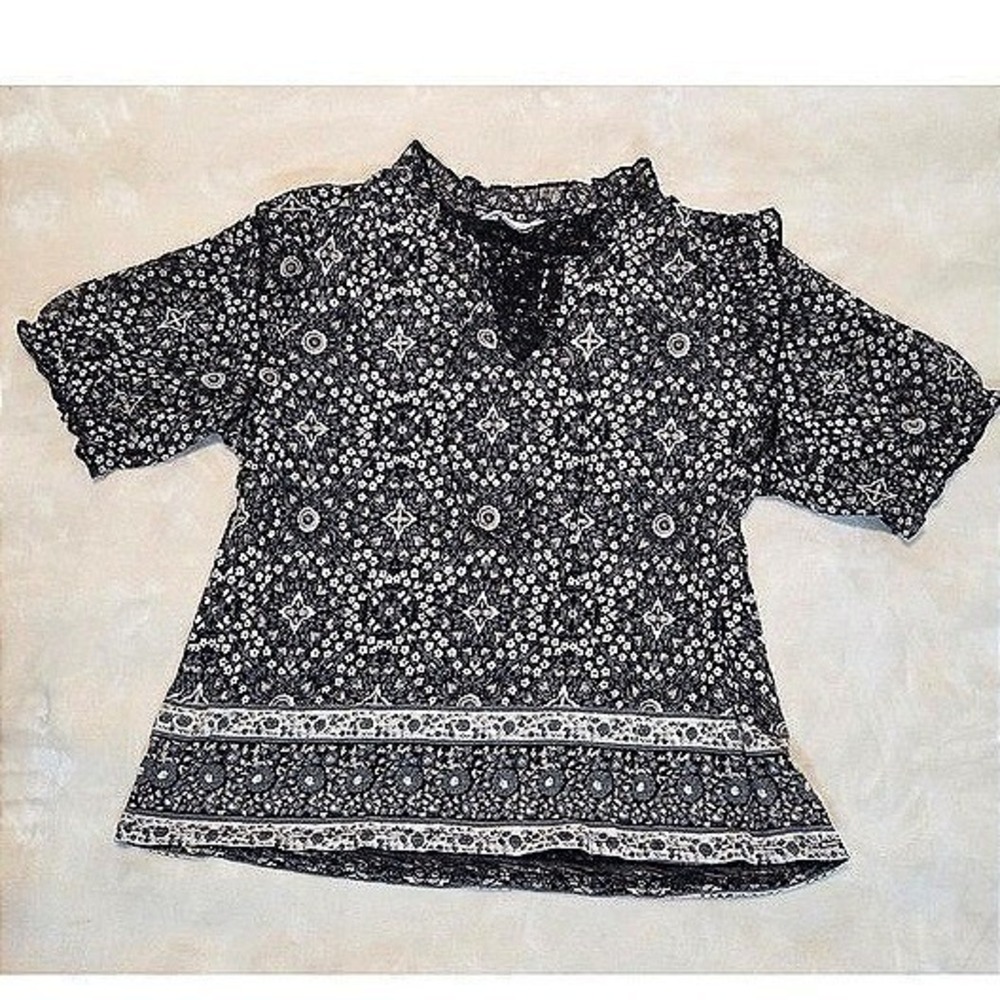 Lucky Brand Floral Blouse Dark  Romantic Puff Sleeve Top Size M